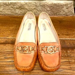 Michael Kors tan and gold leather loafers